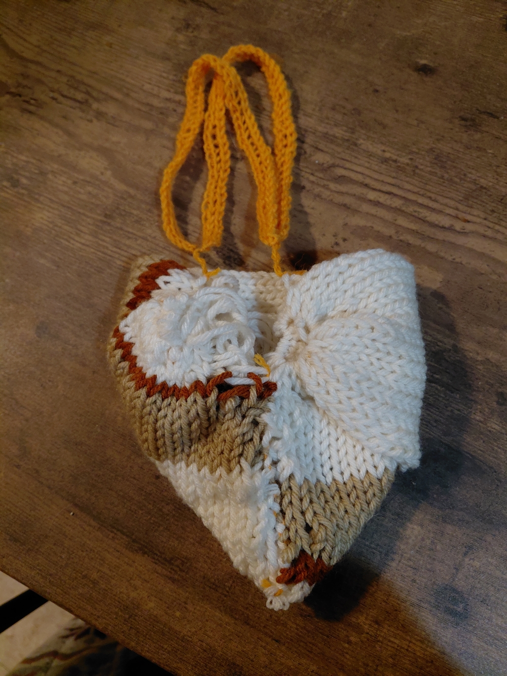Hand-Knit Cream & Tan Mini Heart Bag with Yellow Strap